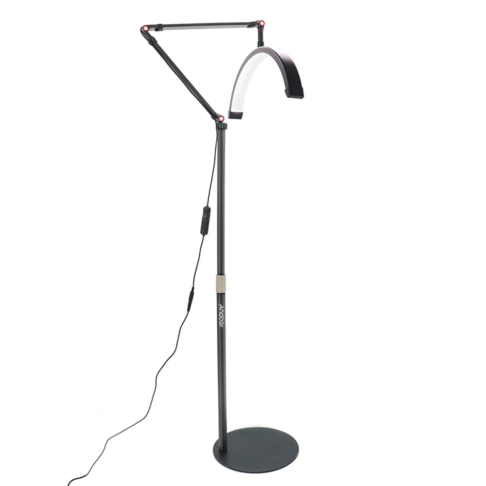 20W Floor LED Video Light Half-moon Shaped Fill Light 3000K-6000K Dimmable with Adjustable Metal Light Stand Phone Holder for Be